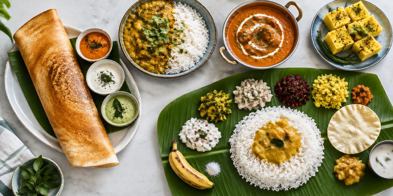 Illustration of regional Indian dishes including dosa, dhokla and sadya